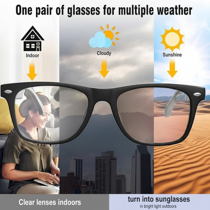 Blessing Sells black frame glasses with photochromic lenses that adapt to light conditions, clear indoors and tinted outdoors.