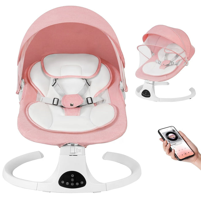 Blessing Sells pink baby swing with white padding, 5 speeds, 10 lullabies, 15-point safety belt, canopy, and remote control via smartphone.