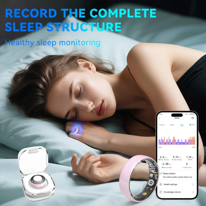 Blessing Sells pink smart ring health tracker on a woman's finger while she sleeps, showing sleep monitoring data on a phone screen.