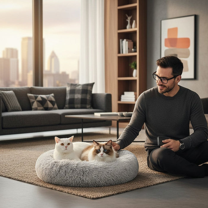 Blessing Sells grey plush pet nest with two cats, a man petting one cat in a modern living room.