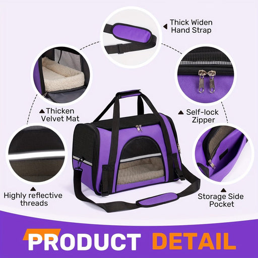 Blessing Sells purple pet carrier with thick velvet mat, self-lock zippers, and reflective threads. Features a spacious, ventilated design with a storage pocket.