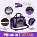 Blessing Sells purple pet carrier with thick velvet mat, self-lock zippers, and reflective threads. Features a spacious, ventilated design with a storage pocket.