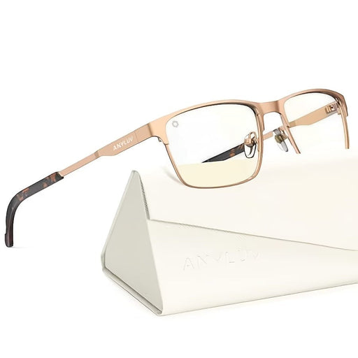 Blessing Sells rose gold metal blue light blocking glasses with tortoiseshell pattern on the arms and a white case.