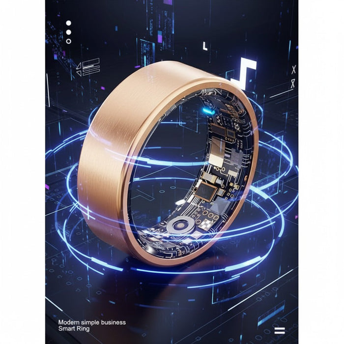Blessing Sells rose gold smart ring with visible internal circuitry for monitoring steps, distance, calories, and sleep.