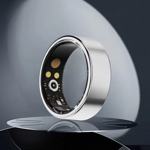 Blessing Sells silver smart ring with internal tech for monitoring steps, distance, calories, sleep, and exercise.