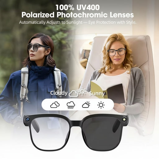 Blessing Sells smart camera glasses with polarized photochromic lenses that adjust to sunlight. Features 8MP HD video recording.