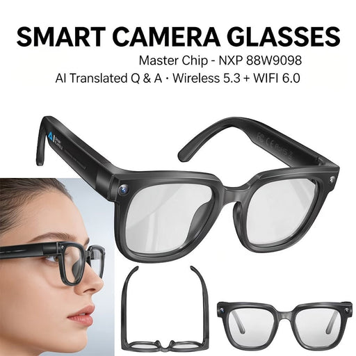 Blessing Sells black smart glasses with AI camera, 4K video, wireless calling, and real-time translation for men and women.