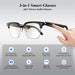 Blessing Sells black and silver smart glasses with clear lenses and integrated audio. Features include touch controls for music, calls, and photography.
