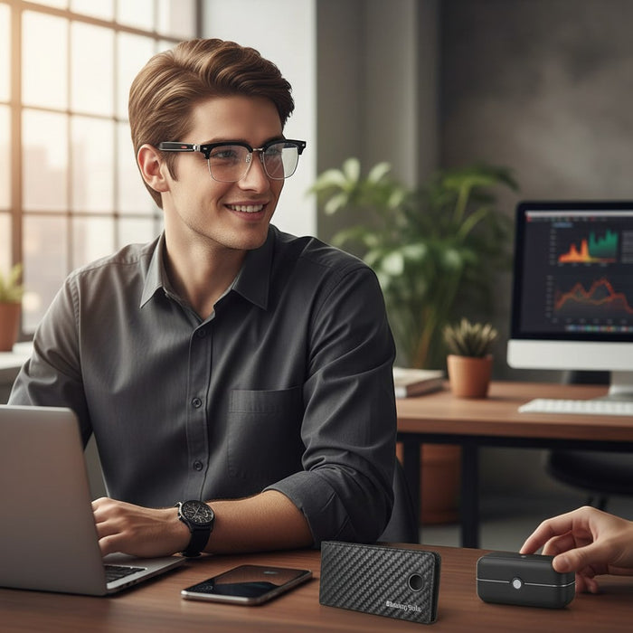 Blessing Sells smart glasses with black frames and clear lenses worn by a man in a grey shirt at a desk with a laptop.