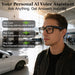 Blessing Sells smart glasses with integrated camera, black frames, worn by a man in an airport. AI voice assistant prompts displayed.