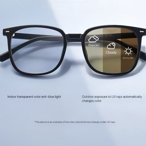 Blessing Sells unisex matte black full-frame smart glasses with photosensitive lenses that change color from clear anti-blue light indoors to tinted outdoors.