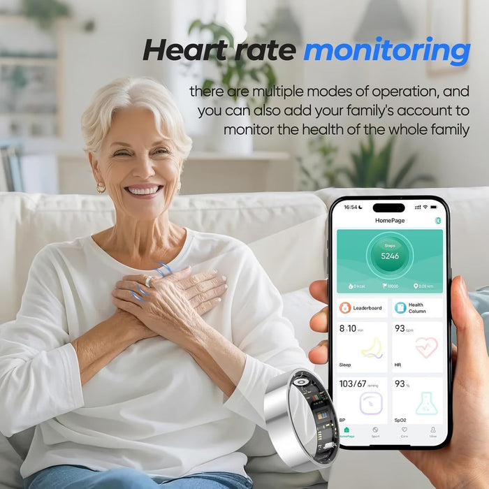 Blessing Sells rose gold smart ring tracking heart rate and sleep, shown on a smiling woman's hand next to a phone app.