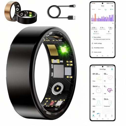Blessing Sells smart ring in black with internal circuitry visible, showing green LED. Includes charging cable and app interface displaying sleep and health data.