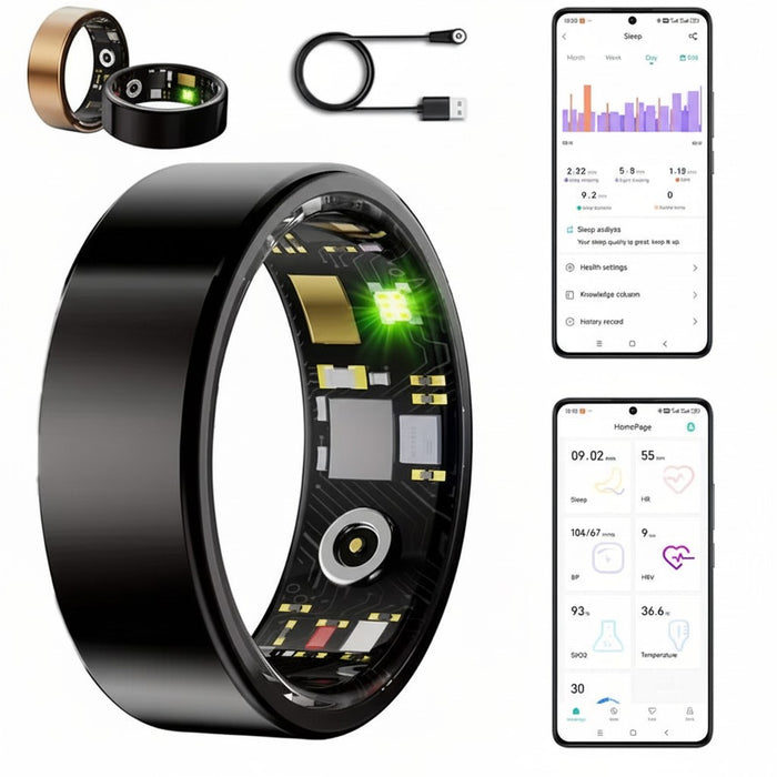 Blessing Sells smart ring in black with internal circuitry visible, showing green LED. Includes charging cable and app interface displaying sleep and health data.