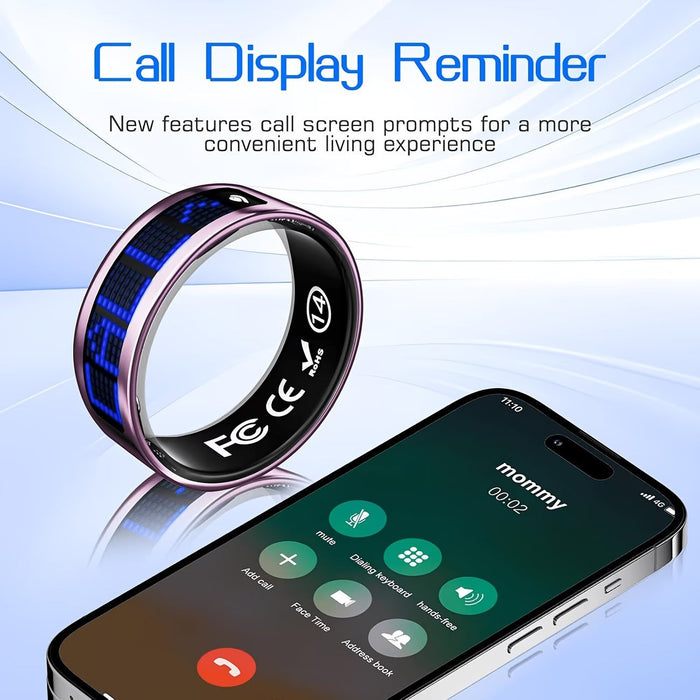 Blessing Sells fashionable smart ring with blue LED display, showing call reminder next to a smartphone screen.