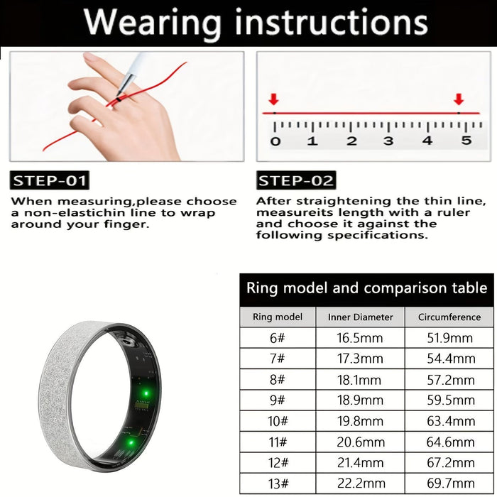 Blessing Sells smart ring with diamond inlay, silver, fitness tracker, sleep tracker, and step counter. Includes size comparison table.