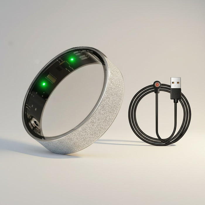 Blessing Sells smart ring with diamond inlay, silver textured band, internal circuit board with green LEDs, and USB charging cable.