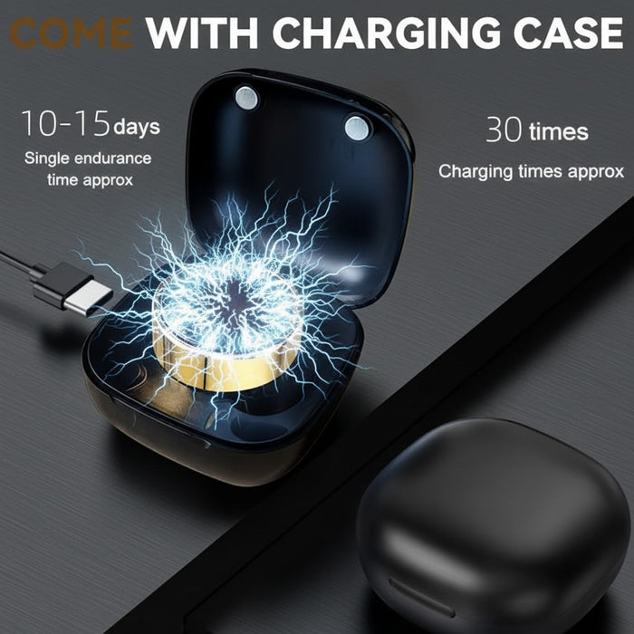 Blessing Sells smart ring with gold trim in open black charging case, USB-C charging cable nearby.