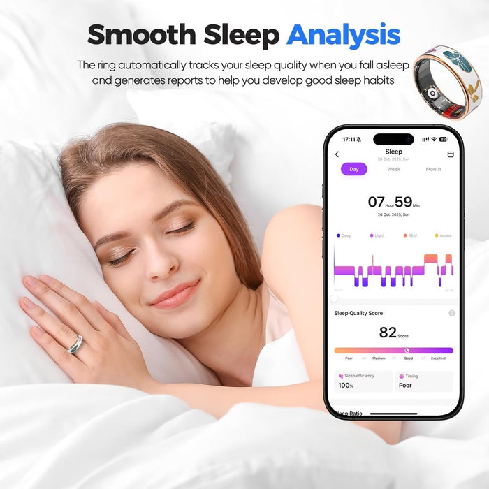 Blessing Sells smart ring on a woman's finger while she sleeps, showing sleep analysis on a phone screen.