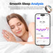 Blessing Sells smart ring on a woman's finger while she sleeps, showing sleep analysis on a phone screen.