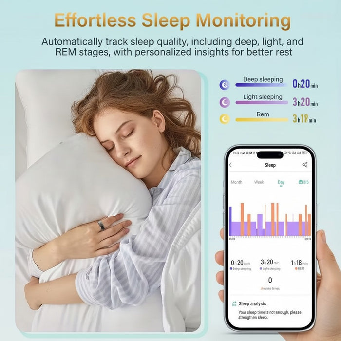Blessing Sells smart ring on a woman's finger, tracking sleep stages like deep, light, and REM sleep.