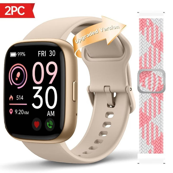 Blessing Sells smart watch with a gold case and beige band, includes a second pink and white braided band. 1.83" HD screen displays time, date, fitness stats, and call icon.