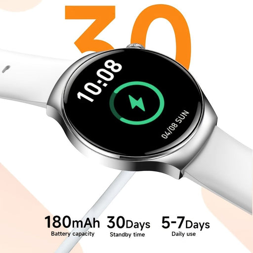 Blessing Sells Watch 4 Pro Smart Watch with white band, silver bezel, and black screen displaying time and charging icon.