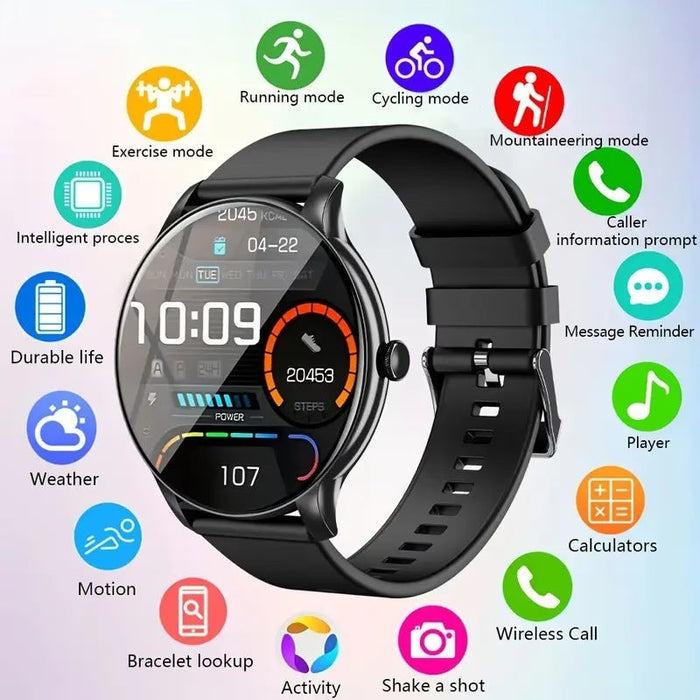 Blessing Sells black round smartwatch with interactive screen displaying time, steps, and fitness modes like running, cycling, and mountaineering.