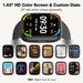 Blessing Sells Here smartwatch with 1.83" HD color touchscreen displaying time, date, steps, and weather. Multiple customizable watch faces shown below.