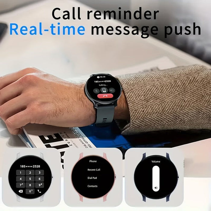 Blessing Sells smartwatch with a round interactive screen on a man's wrist, displaying a call screen. Features include call reminder and message push.