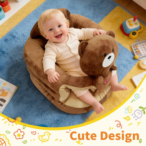 Blessing Sells brown plush toddler seat with a teddy bear design, featuring back support for infants learning to sit.