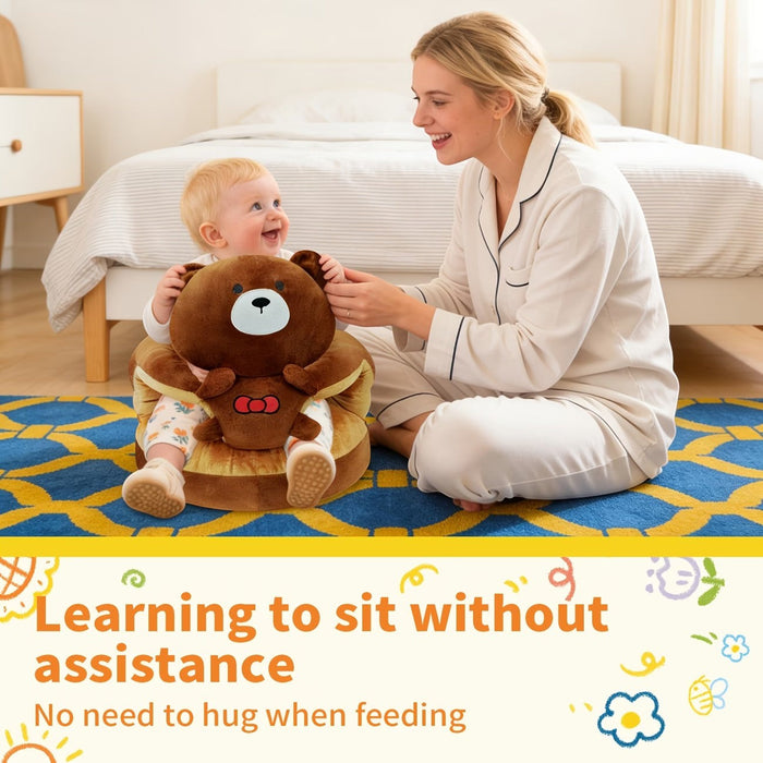 Blessing Sells brown plush teddy bear toddler seat with back support, for babies learning to sit.