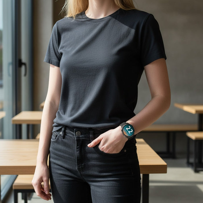 Blessing Sells Watch 4 Pro Smart Watch on a woman's wrist, round face with teal and white display, black band.