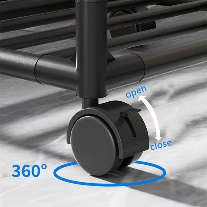 Blessing Sells black 6-layer wheeled storage cart with adjustable layer spacing and 360-degree swivel casters.