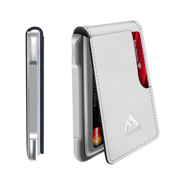 Blessing Sells white faux leather men's wallet with metal trim, magnetic closure, card slots, and RFID protection.