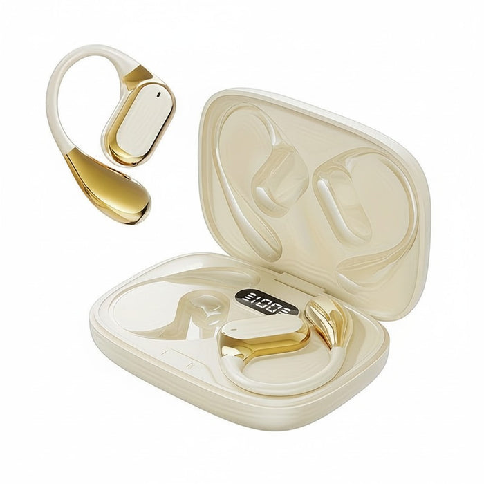 Blessing Sells white and gold true wireless over-ear headphones with charging case. Features ear hooks for secure fit.