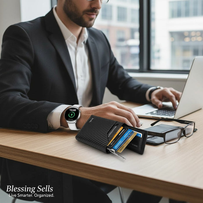 Blessing Sells white smartwatch with a round face displaying time and battery, worn by a man in a suit at a desk.