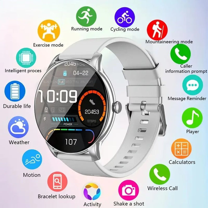 Blessing Sells white silicone smartwatch with a round interactive screen displaying time, steps, and battery. Features include multiple sports modes, call and message prompts, and weather updates.