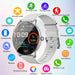 Blessing Sells white silicone smartwatch with a round interactive screen displaying time, steps, and battery. Features include multiple sports modes, call and message prompts, and weather updates.