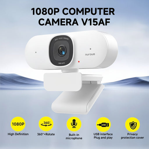 Blessing Sells white 1080P computer webcam with AI auto-framing, autofocus, built-in microphone, and privacy cover.