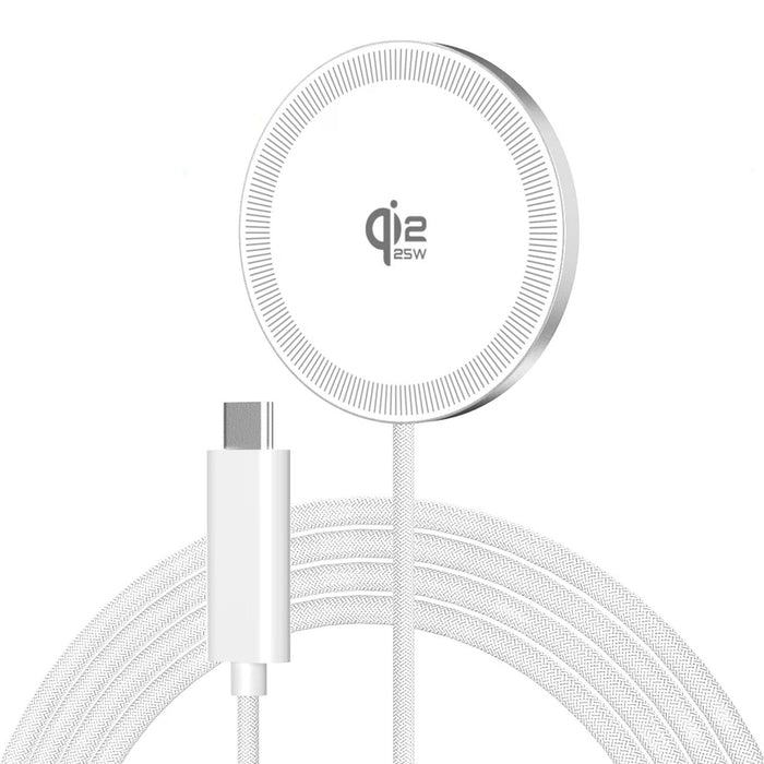 Blessing Sells white compact wireless charging pad with Qi logo and 25W indicator, includes braided USB-C cable.