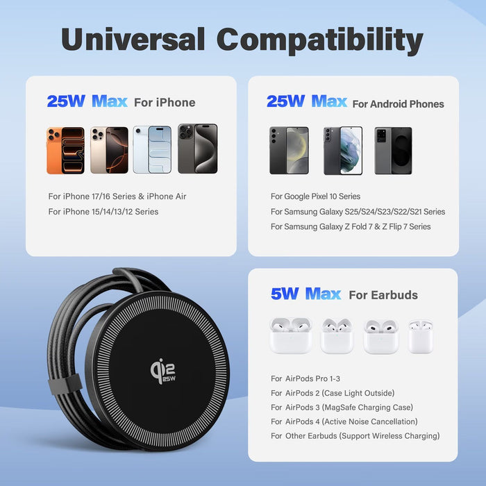 Blessing Sells black compact wireless charging pad with Qi logo, compatible with iPhones, Android phones, and earbuds.