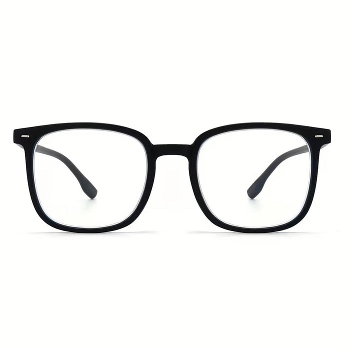 Blessing Sells unisex matte black full-frame smart glasses with clear, photosensitive lenses for computer use.