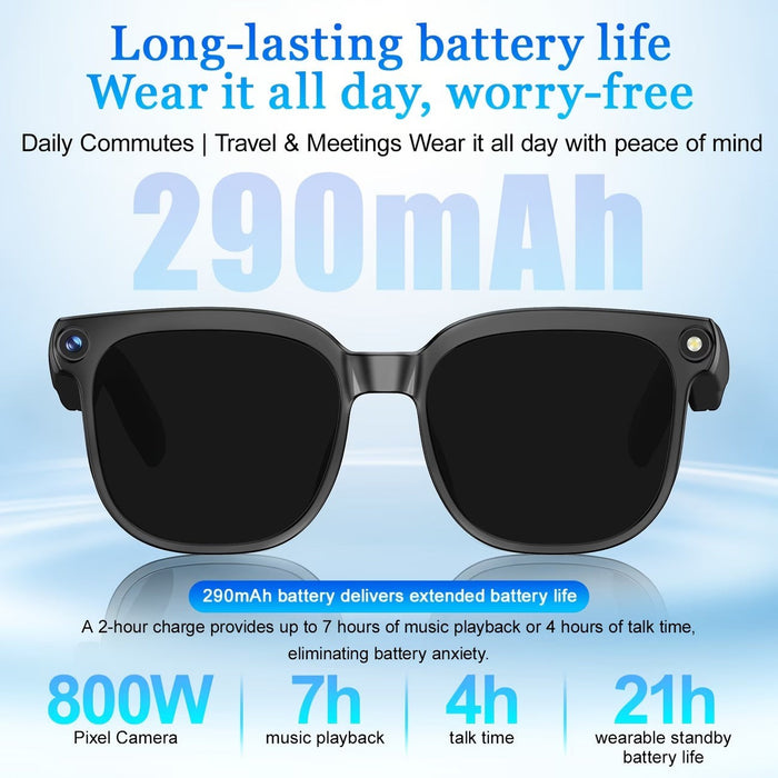 Blessing Smart Eyewear with integrated camera, black frame, discreet design for hands-free photo and video capture.