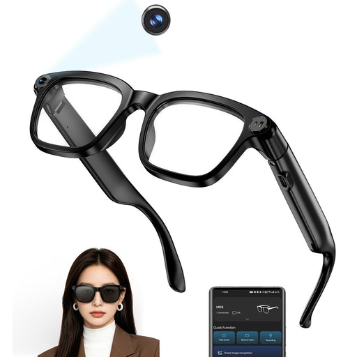 Blessing Smart Eyewear With Integrated Camera, black frames, hands-free photo and video recording, sleek design.