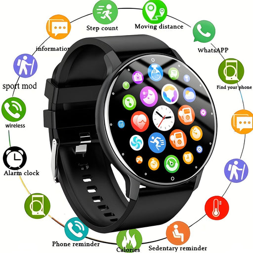 Blessing Smart Health Watch with a black silicone band and a round touchscreen displaying various app icons and a clock face.