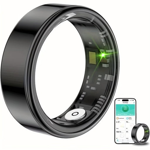 Blessing Smart Ring for men and women, black, with internal circuitry and green LED, displays fitness data on a smartphone.