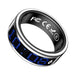 Blessing Smart Ring with blue LED display showing text, silver and black metal, for activity and sleep tracking.