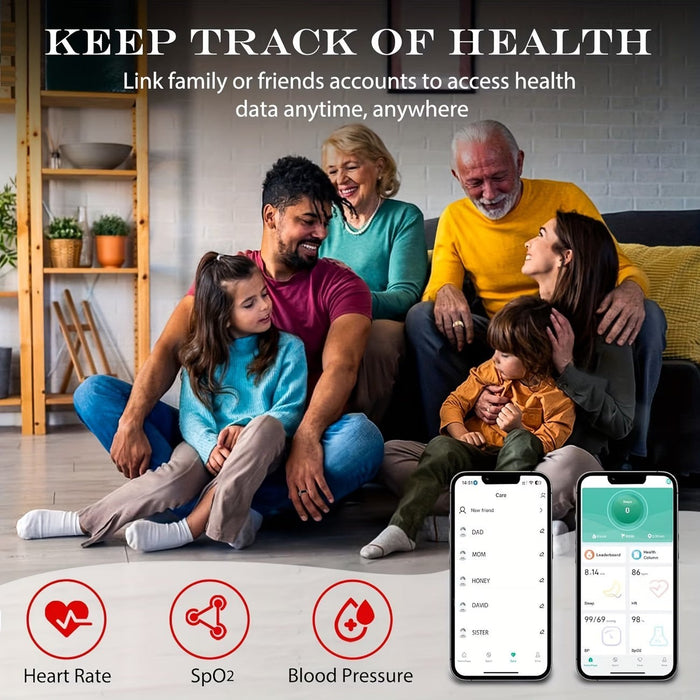 Blessing Sells smart ring for men and women, tracks heart rate, SpO2, and blood pressure. Family using the app.