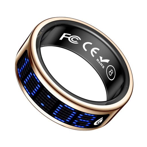 Blessing Smart Ring in rose gold with a black interior displaying blue LED notifications. Features wellness tracking.